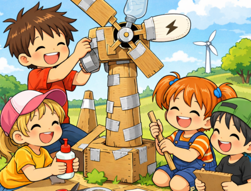 bambini con mulino a vento